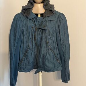 Free People Denim Blue chambray soft Utility Jacket with Charcoal Hood